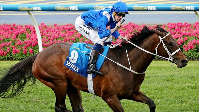 2016 William Hill Cox Plate Day at Moonee Valley Racecourse, Race 9 — Cox Plate — Hugh Bowman on-board Winx wins. 22nd October 2016. Picture: Colleen Petch.