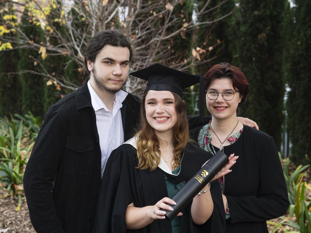 Bachelor of Music graduate Bonnie Tatnell-Wilson with siblings Rylan Wilson and Tammy Wilson at a UniSQ graduation ceremony at The Empire, Tuesday, June 25, 2024. Picture: Kevin Farmer