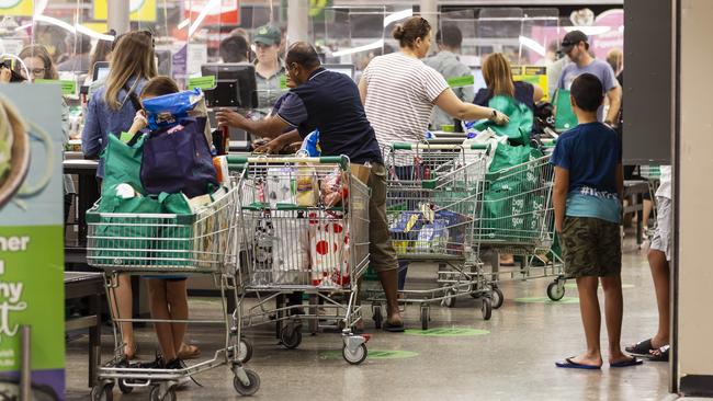 West Australians buy supplies at the Kingsway Shopping Centre in Madeley, northern Perth on Sunday. Picture: Marie Nirme