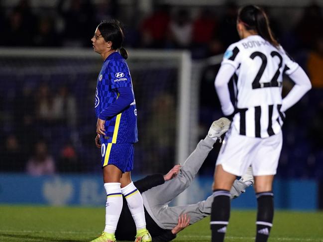 A pitch invader is grounded courtesy of Chelsea's Sam Kerr during the UEFA Women's Champions League, Group A match at Kingsmeadow, London. Picture date: Wednesday December 8, 2021. (Photo by John Walton/PA Images via Getty Images)