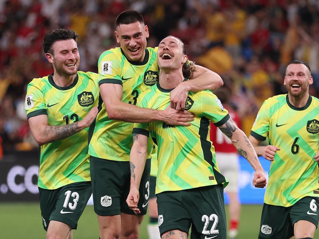 Jackson Irvine celebrates one of his two goals. Picture: Getty Images