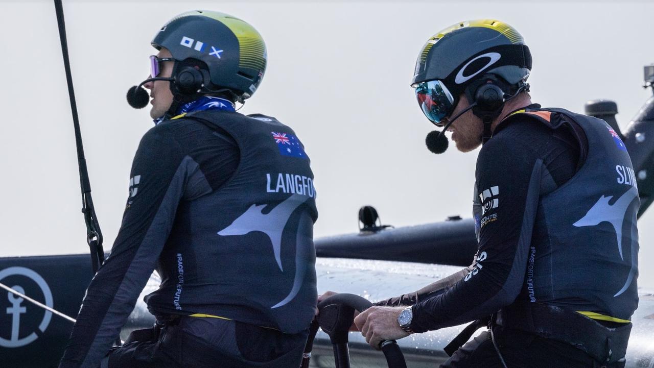 Tom Slingsby at the wheel for Team Australia. Photo: Ricardo Pinto for SailGP.