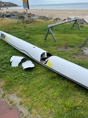 Nat Drummond’s surf ski after he was attacked by a grant white Seacliff. Picture: SLSA