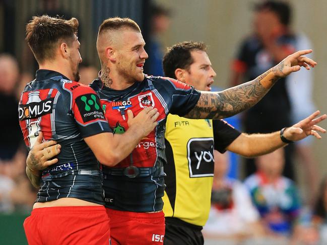 Josh Dugan of the Dragons celebrates a try during the St George Illawarra Dragons v The Warriors NRL round 4 match at Kogarah Oval. pic Mark Evans