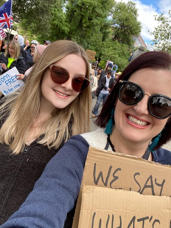 Angela Hersey (right) and daughter Eve Hersey at an earlier rally in Adelaide. Picture: Angela Hersey