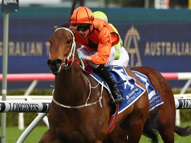 SYDNEY, AUSTRALIA - JULY 29: Nick Heywood riding Mogo Magic wins Race 7 Godolphin Lifetime Care during Industry Celebration Racing for Good Charity Day - Sydney Racing at Royal Randwick Racecourse on July 29, 2023 in Sydney, Australia. (Photo by Jeremy Ng/Getty Images)