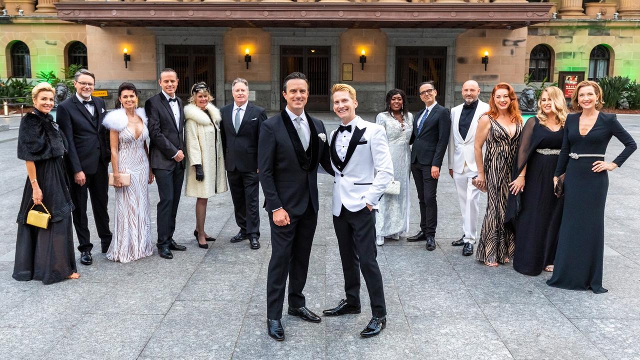 Damien Anthony Rossi (now Avery-Rossi) and Jason Avery (now Avery-Rossi) with some of the members of their Groomal Party. Picture: Thomas Oliver