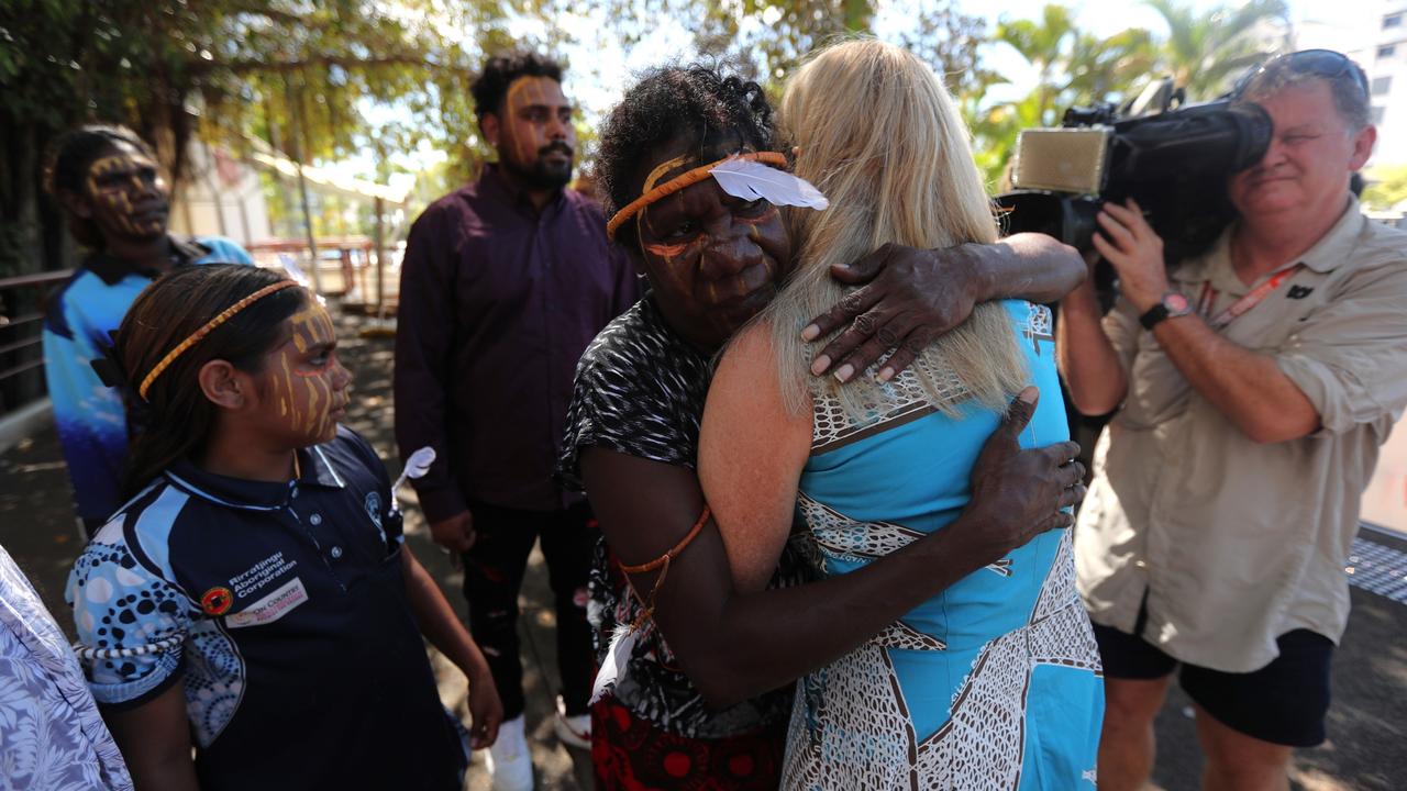 Munupi family members embraced NT Coroner Elisabeth Armitage following the death in care coronial investigation for 47-year-old Pukumani Alimankinni on April 24, 2024. Picture: Zizi Averill