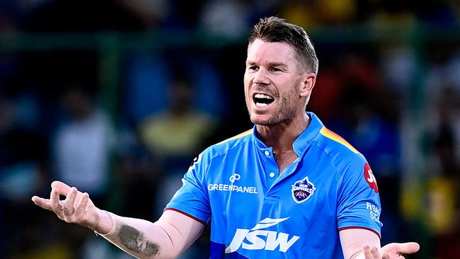 Delhi Capitals' David Warner gestures during the Indian Premier League (IPL) Twenty20 cricket match between Delhi Capitals and Chennai Super Kings at the Arun Jaitley Stadium in New Delhi on May 20, 2023. (Photo by Arun SANKAR / AFP)
