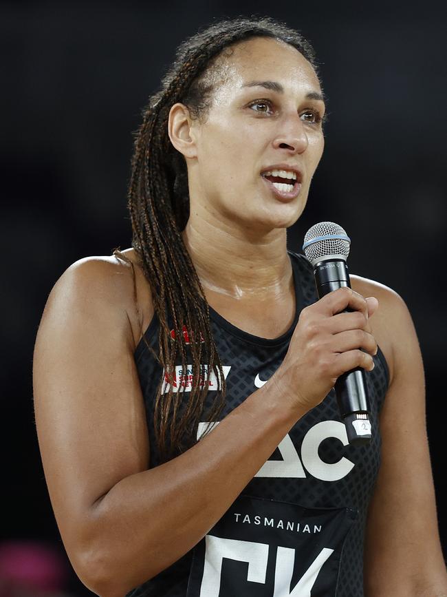 Geva Mentor of the Magpies speaks to the crowd during her farewell season with Collingwood. Picture: Getty