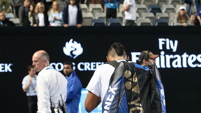 Nick Kyrgios left Hisense Arena to jeers on Wednesday night. Picture: Wayne Ludbey