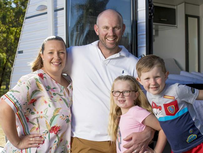 Naomi and Chad Pridue use Camplify to generate extra income from their caravan. They are pictured with their children Coco and Archie.