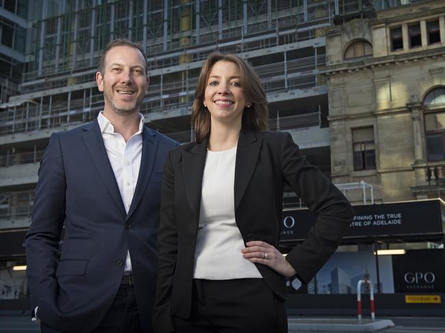 Charter Hall regional development director Simon Stockfeld and state general manager Kimberley Gillan at the GPO Exchange office development project. Picture: Naomi Jellicoe