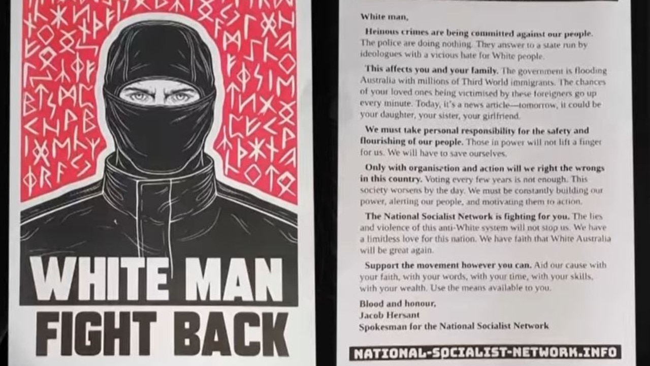 The flyer also carried the name of Victorian far-right extremist Jacob Hersant, who was the first person convicted of performing a Nazi salute in public. Picture: 7NEWS