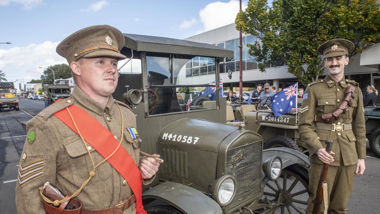 Ed Keller and Spencer Smith with Ed's WW1 Model T Ford truck. Only one in Australia and one of four in the world. Assembly in Neil St for the mid morning parade on ANZAC DAY. Tuesday, April 25, 2023. Picture: Nev Madsen.