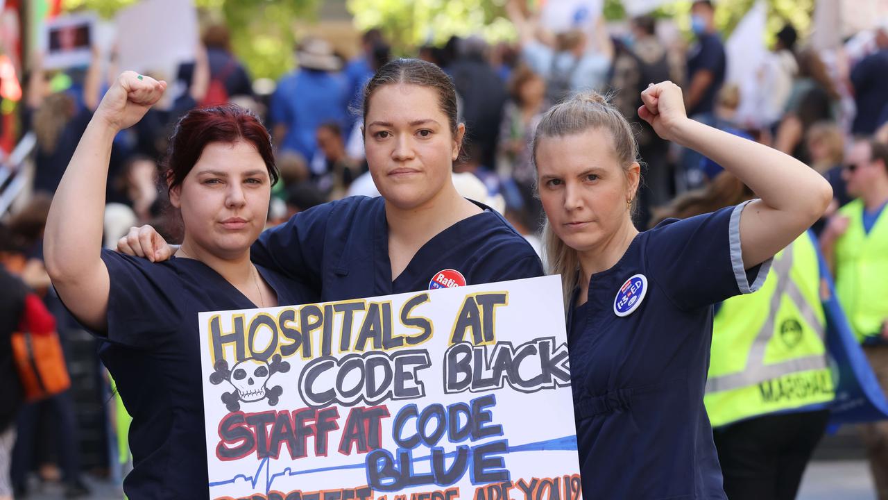 Hayley Sargeson, Talei Williams and Stacey Pattman at a NSW nurses strike in Sydney in 2022. Picture: NCA NewsWire / David Swift