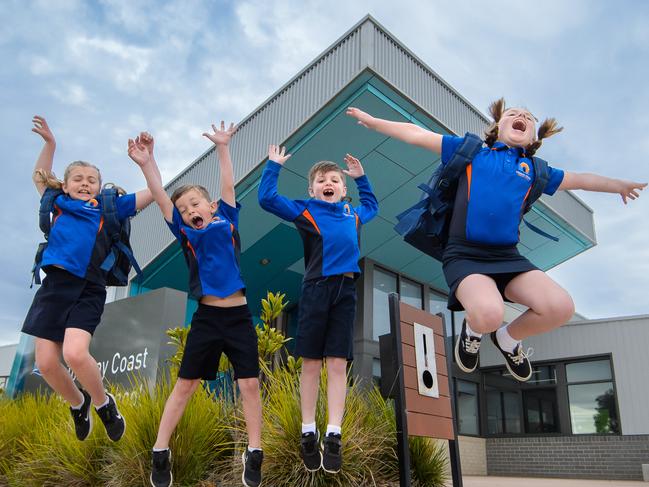 Regional students at stand alone primary schools return back to school on Monday.Torquay Coast Primary Sc tool students, Pia (8) and Jye (6) Monks and Jagger (7) and Harlow (9) Barnett canÃ¢â¬â¢t wait for School to reopen.Picture: Jay Town