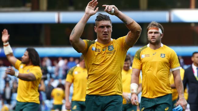 Australia's Sean McMahon acknowledges the crowd after their 65-3 win in the Rugby World Cup Pool A match between Australia and Uruguay at Villa Park, Birmingham, England, Sunday, Sept. 27, 2015. (AP Photo/Martin Cleaver)