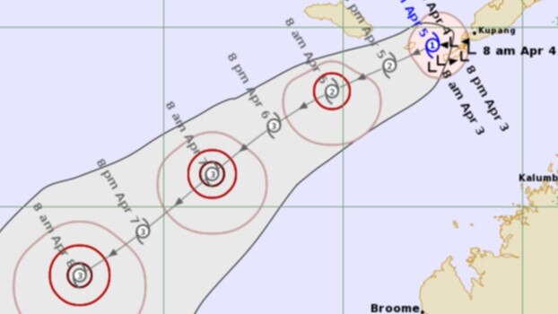 Tropical Cyclone Seroja southwest of Timor is expected to intensify as it descends on WA over the next 24 hours. Credit: Bureau of Meteorology/Twitter