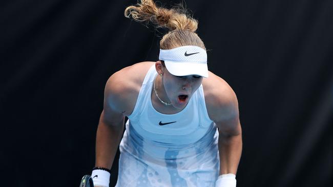 Andreeva reacts defeated Japan's Moyuka Uchijima in a ‘tough’ match on Wednesday. Picture: Martin Keep / AFP