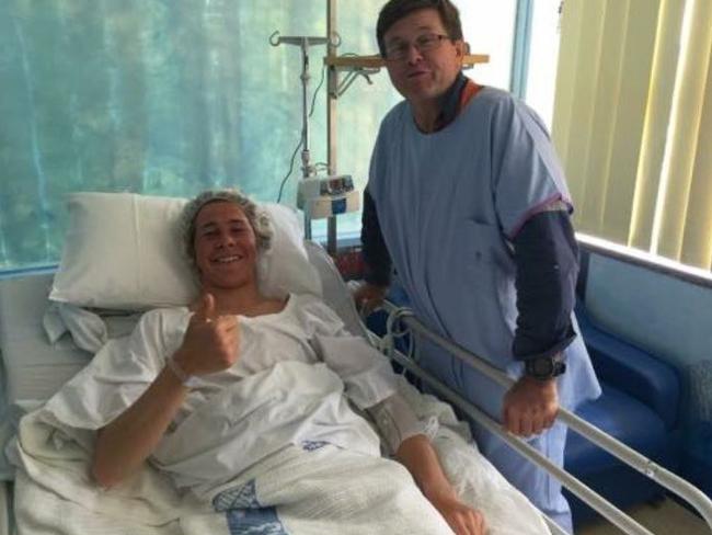 Shark attack victim Cooper Allen gives the thumbs up from his hospital bed. Picture: Amanda Abate/Channel 7/Twitter