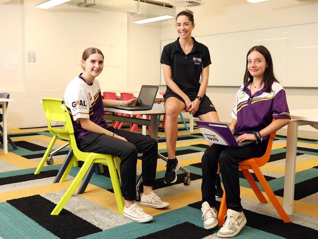 DAILY TELEGRAPH - MAY 14, 2025.Pictured is Teacher Carly Walsh at GOAL College in Ultimo today with students Madison Eddie 16 and Mia Warne 16. Picture: Tim Hunter.