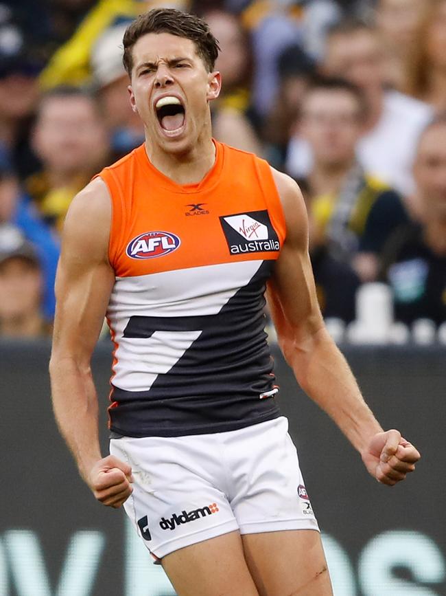 Great Western Sydney’s Josh Kelly celebrates a goal against  the Richmond Tigers at the MC G in Melbourne. Picture: Adam Trafford/Getty