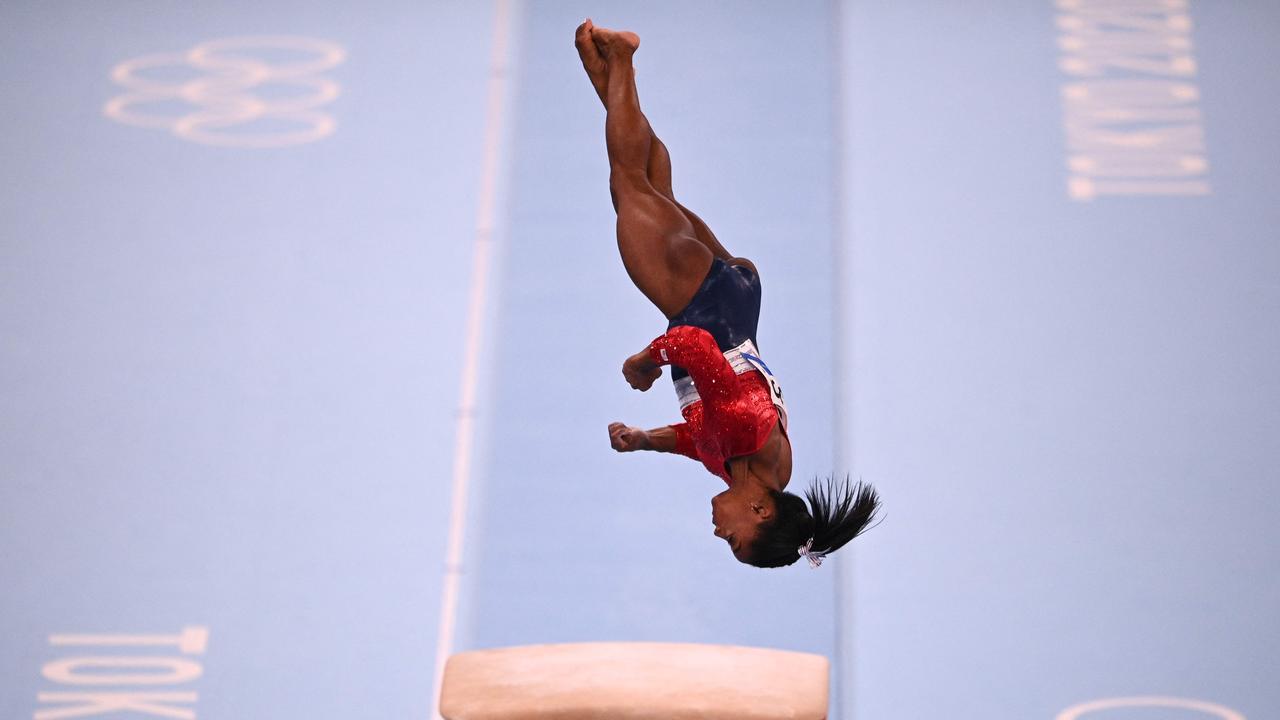 Simone Biles during the vault event of the artistic gymnastics women's team final at the Tokyo Olympics. Picture: Martin Bureau/AFP