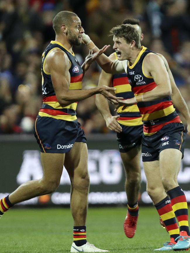 Matt Crouch celebrates his final term goal with Cam Ellis-Yolmen. Picture SARAH REED