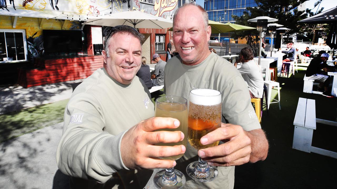 Reedy Creek entrepreneur Brett John Presley McCallum, 52, at his doomed Mermaid Beach watering hole, The Yard Brewhouse, alongside business partner John Green. Picture: Glenn Hampson