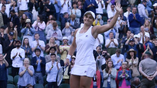 Australia’s Ash Barty celebrates in front of an unmasked Wimbledon crowd after her third-round victory against Czech Republic’s Katerina Siniakova. Picture: Reuters