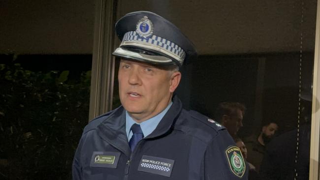 Campbelltown police district superintendent Grant Healy talking to media after a shot was fired into a Macquarie Fields school window. Picture: Supplied