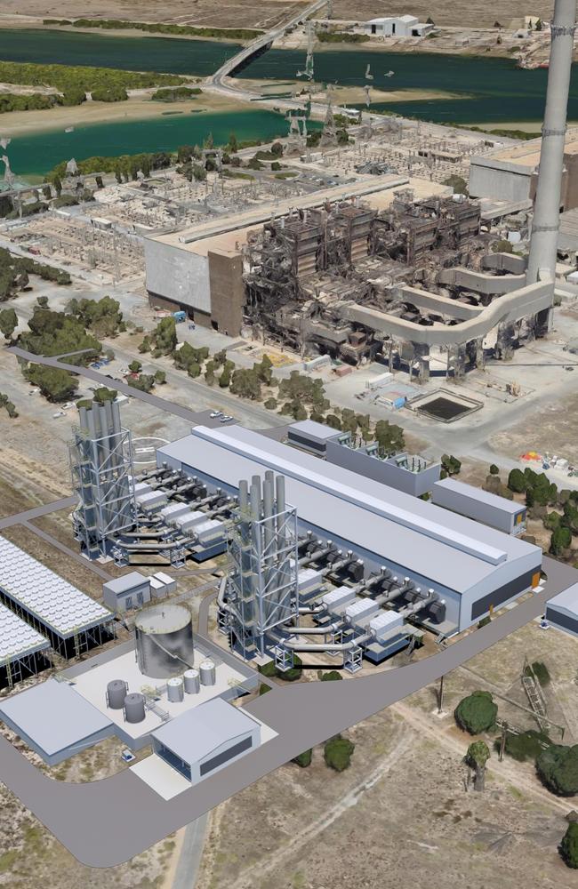 An artist’s impression of the new Barker Inlet Power Station on Torrens Island, set against the old site (top of image) Picture: SA Government