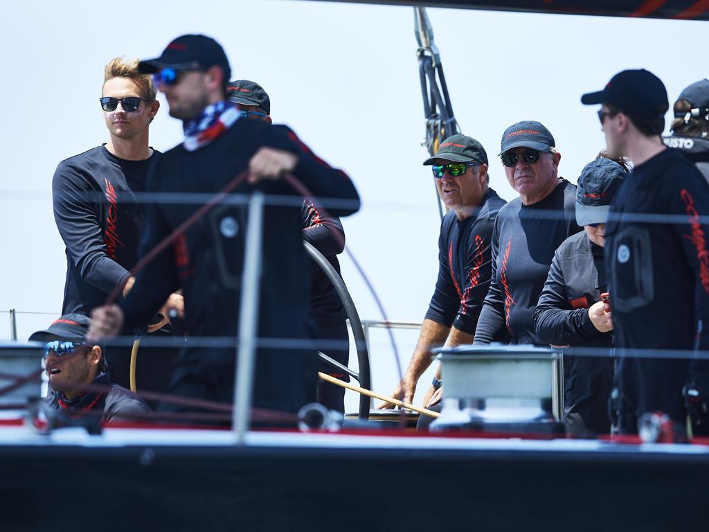 The crew of Comanche is pictured in the Sydney Harbour during the 2019 Sydney to Hobart on December 26, 2019 in Sydney, Australia. (Photo by Brett Hemmings/Getty Images)