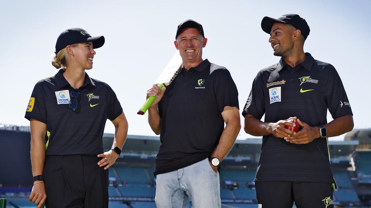 Phoebe Litchfield, Mike Hussey and Tanveer Sangha at the SuperCoach BBL launch. Picture: Sam Ruttyn.