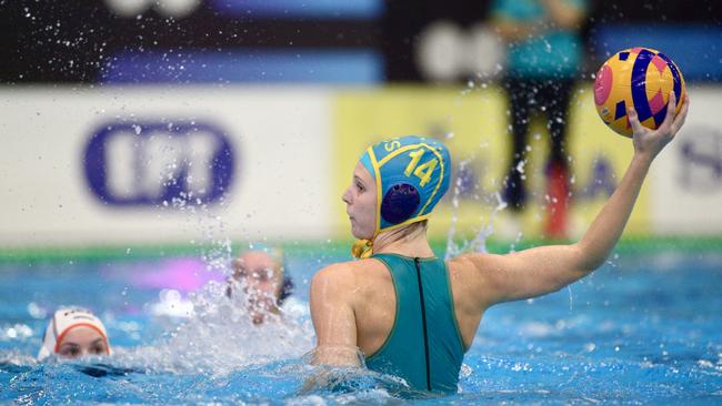 Emma Putt competes during the Water Polo World Cup match against the Netherlands for the Aussie Stingers in Greece. Picture: Supplied