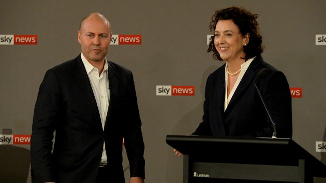 Federal Treasurer Josh Frydenberg and independent candidate Monique Ryan at last week’s debate at Hawthorn Town Hall. Picture: NCA NewsWire / Andrew Henshaw