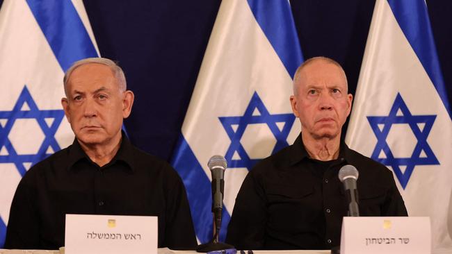 Israeli Prime Minister Benjamin Netanyahu and then-defence minister Yoav Gallant attend a press conference in October 2023. Picture: Pool/AFP