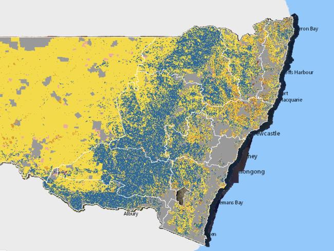 The draft native vegetation regulatory map — the yellow areas are proposed ‘regulated land’. Picture: nsw.gov.au