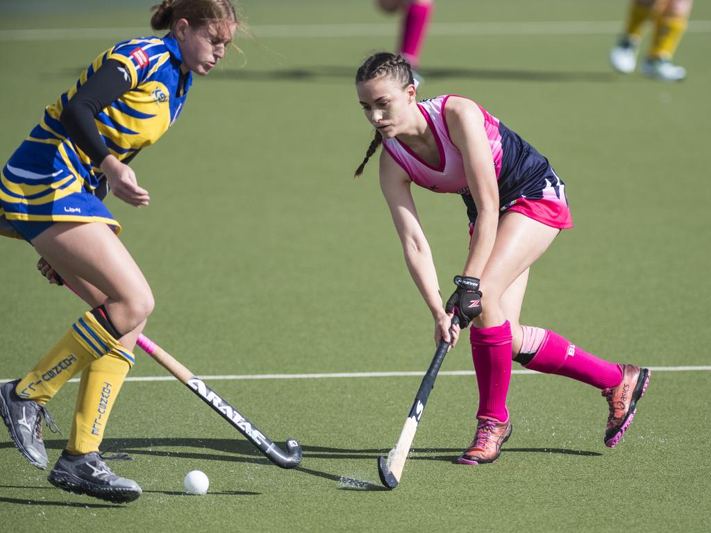 Lily Rickert (right) for Toowoomba 2 against Townsville in Hockey Queensland Championships at Clyde Park, Saturday, May 1, 2021. Picture: Kevin Farmer