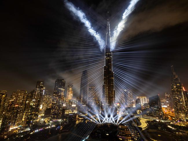 Fireworks exploding around the Burj Khalifa Tower during New Year's celebrations in Dubai. Picture: AFP