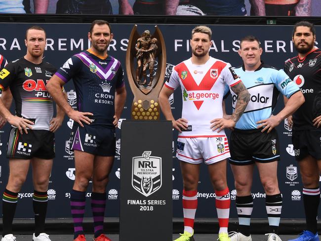 (L-R) Broncos Darius Boyd, Roosters Boyd Cordner, Panthers James Maloney, Storm's Cameron Smith, Dragons Gareth Widdop, Sharks Paul Gallen, Warriors Tohu Harris and the Rabbitohs Greg Inglis during the NRL Finals series launch at Allianz Stadium in Sydney, Monday, September 3, 2018. (AAP Image/Dean Lewins) NO ARCHIVING