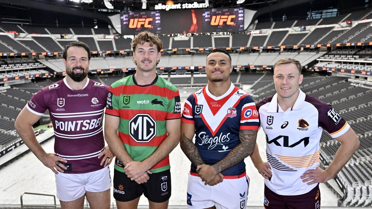 NRL players Aaron Woods, Campbell Graham Spencer Leniu and Billy Walters at Allegiant Stadium. Picture: David Becker/Getty Images