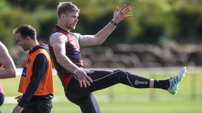 Essendon defender Michael Hurley trains at Tullamarine on Monday. Picture: Getty Images