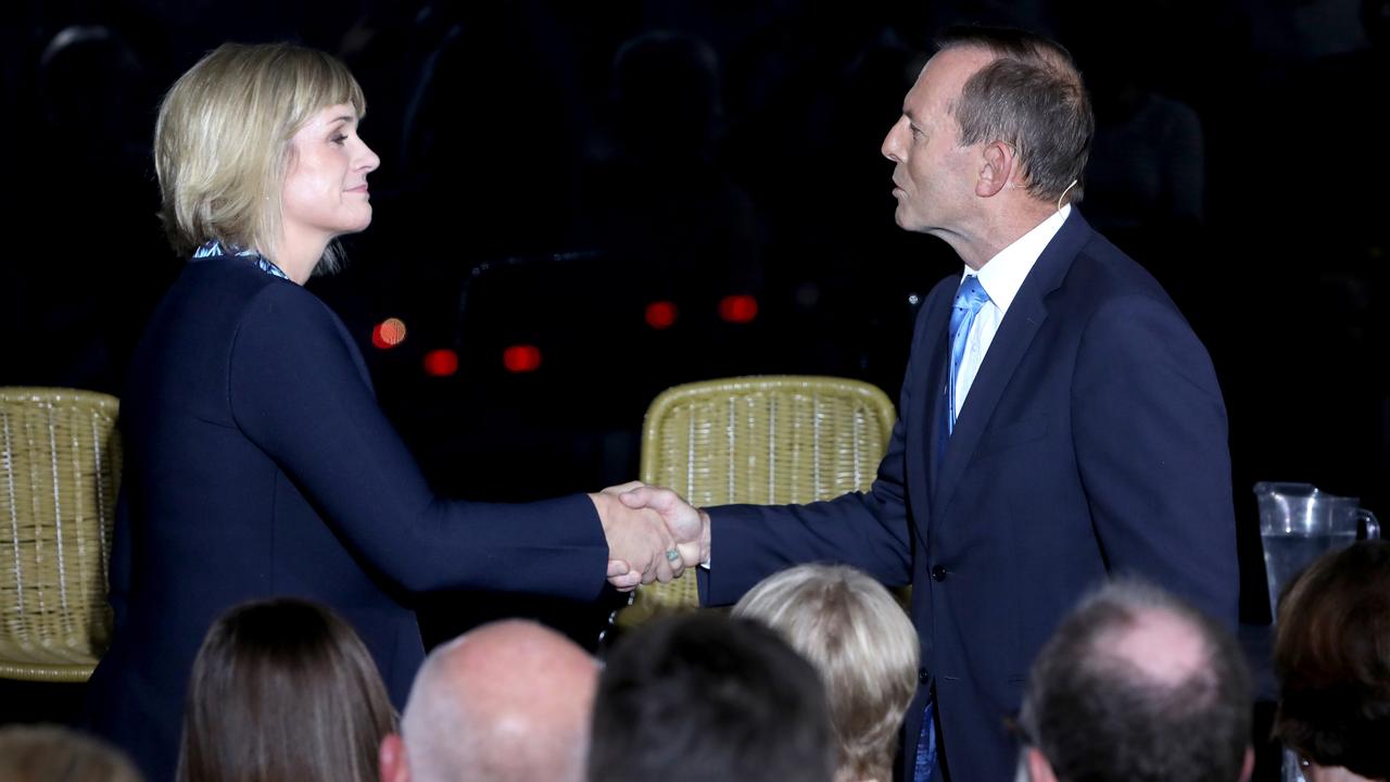 Warringah candidates Tony Abbott and Zali Steggall shake hands at the end of the Sky News/Manly Daily Debate at Queenscliff Surf Club. Picture: Damian Shaw/ News Corp Australia.