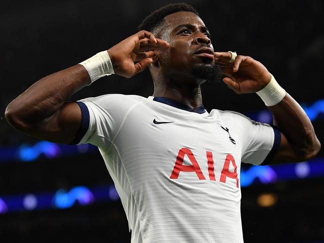 LONDON, ENGLAND - NOVEMBER 26: Serge Aurier of Tottenham Hotspur celebrates after scoring his team's third goal during the UEFA Champions League group B match between Tottenham Hotspur and Olympiacos FC at Tottenham Hotspur Stadium on November 26, 2019 in London, United Kingdom. (Photo by Justin Setterfield/Getty Images)