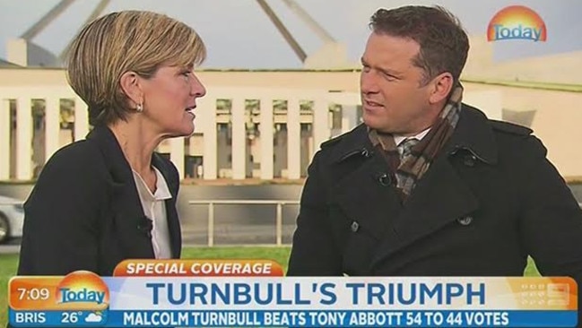 A tired-looking Julie Bishop struggled to contain her emotions as Today Show host Karl Stefanovic grilled her about knifing Tony Abbott.