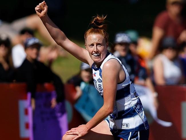 PERTH, AUSTRALIA - OCTOBER 26: Aishling Moloney of the Cats celebrates her goal during the round nine AFLW match between Waalitj Marawar (West Coast Eagles) and Geelong Cats at Mineral Resources Park, on October 26, 2024, in Perth, Australia. (Photo by James Worsfold/Getty Images)