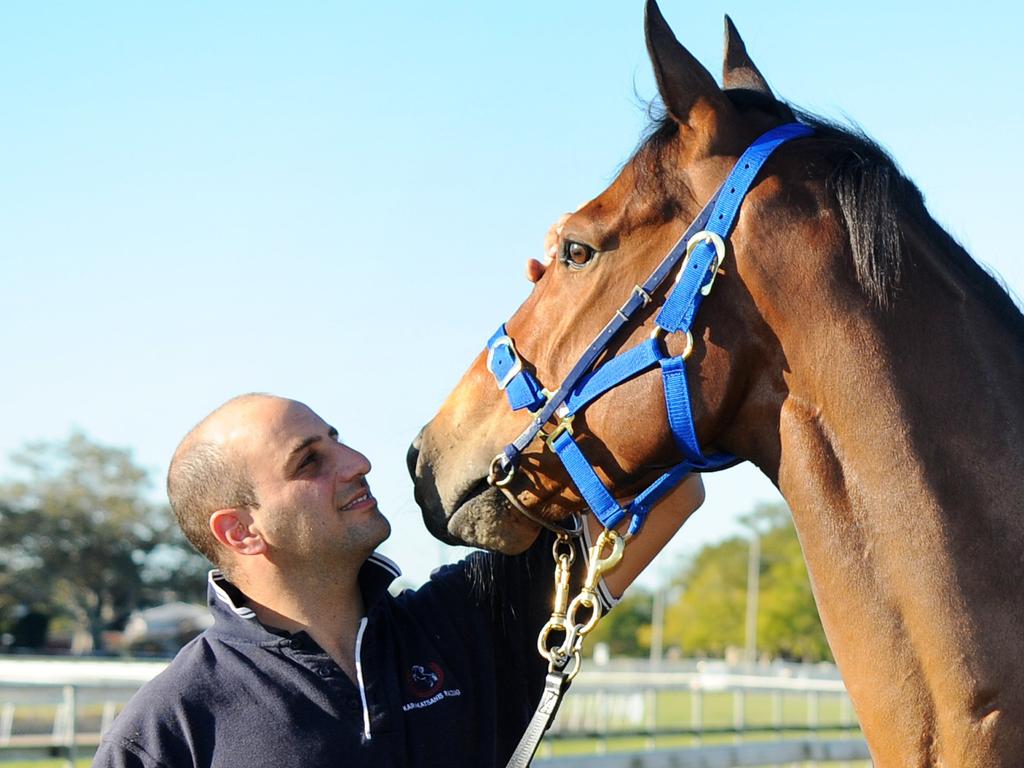 Trainer Con Karakatsanis with race horse Adaboy Ross at the Grafton horse stables in Turf Street. 01.07.2014Photo: Leigh Jensen / Daily Examiner