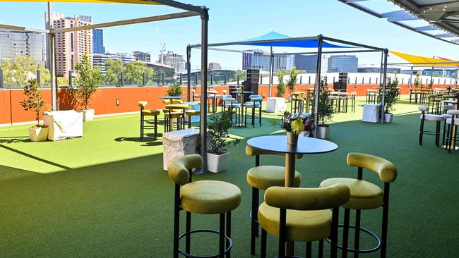 The new SACA members area on the Lindsay Head Terrace on level 5 of the Riverbank Stand overlooking the Adelaide skyline. Picture: Brenton Edwards